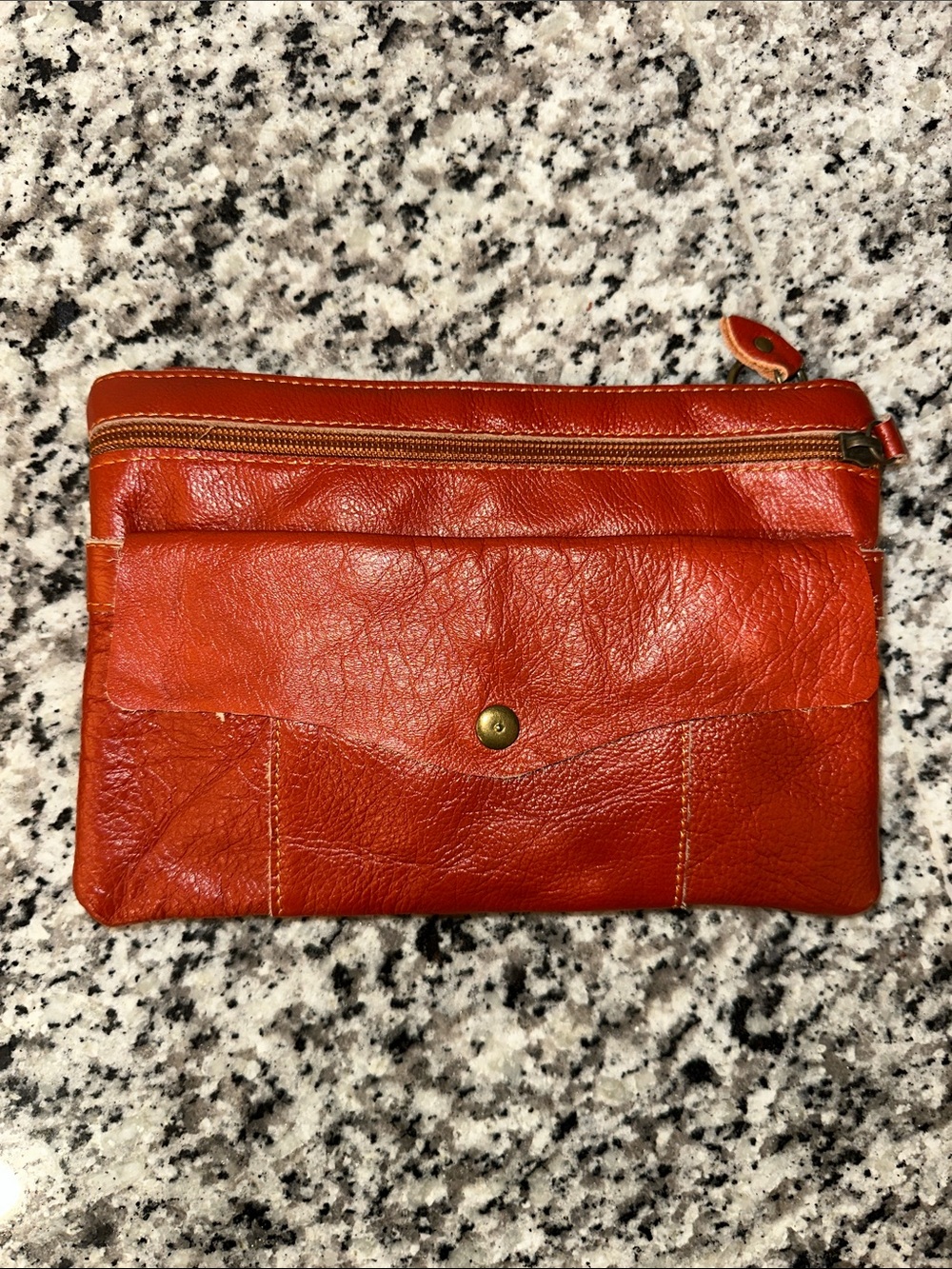 Women's Leather Zip & Snap Pocket Clutch - Orange